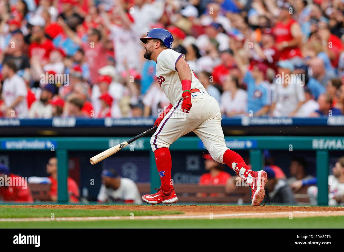 PHILADELPHIA, PA - JULY 01: Kyle Schwarber #12 of the Philadelphia Phillies  hits a grand slam home run during the fifth inning of the game against the  Washington Nationals on July 1