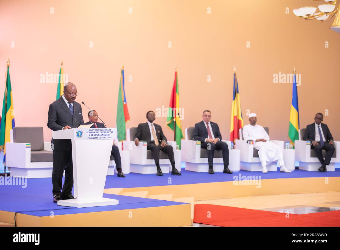 (230702) -- LIBREVILLE, July 2, 2023 (Xinhua) -- Gabonese President Ali Bongo Ondimba makes opening remarks at the 23rd ordinary summit of the Economic Community of Central African States (ECCAS) in Libreville, capital of Gabon, July 1, 2023. The 23rd ECCAS ordinary summit kicked off on Saturday in Libreville, with 11 member states discussing issues of regional security and integration. (Gabonese Presidency/Handout via Xinhua) Stock Photo