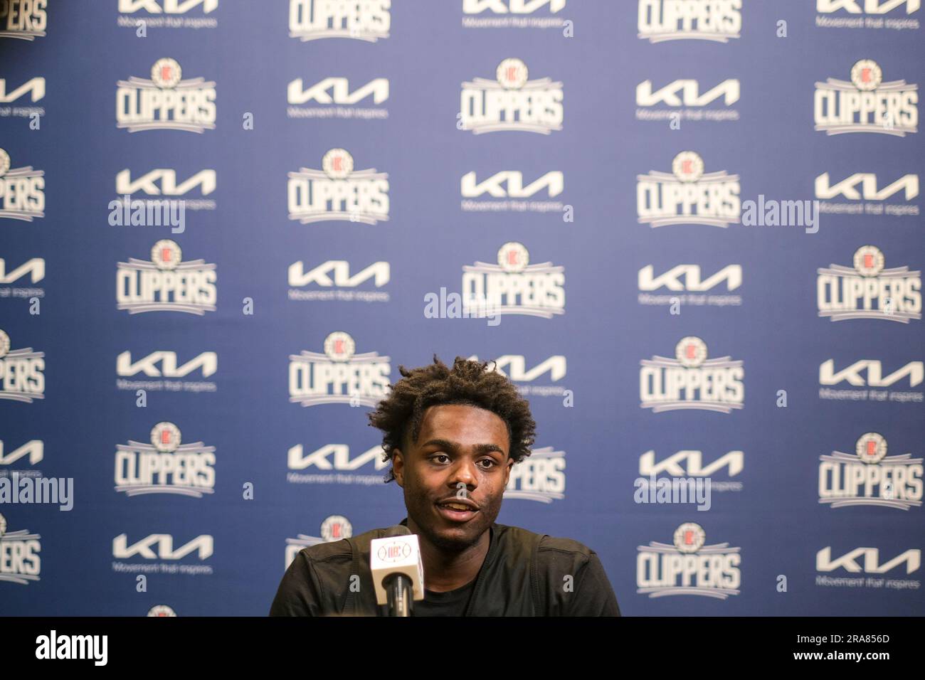 Los Angeles, United States. 01st July, 2023. Los Angeles Clippers new draft pick Kobe Brown speaks during a news conference in Los Angeles. Credit: SOPA Images Limited/Alamy Live News Stock Photo