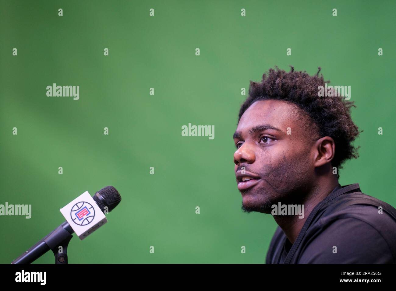 Los Angeles, United States. 01st July, 2023. Los Angeles Clippers new draft pick Kobe Brown speaks during a news conference in Los Angeles. Credit: SOPA Images Limited/Alamy Live News Stock Photo