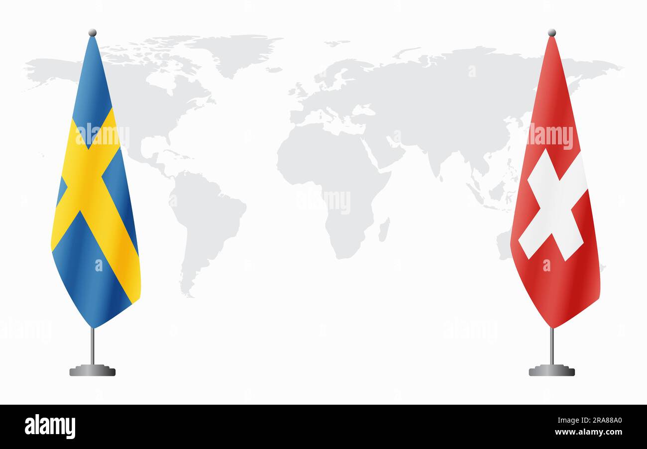 Sweden and Switzerland flags for official meeting against background of