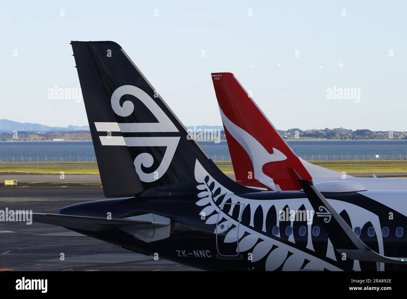 Picture showing Air New Zealand and Qantas aircraft on 07 June 2023 at Auckland Airport, New Zealand Stock Photo