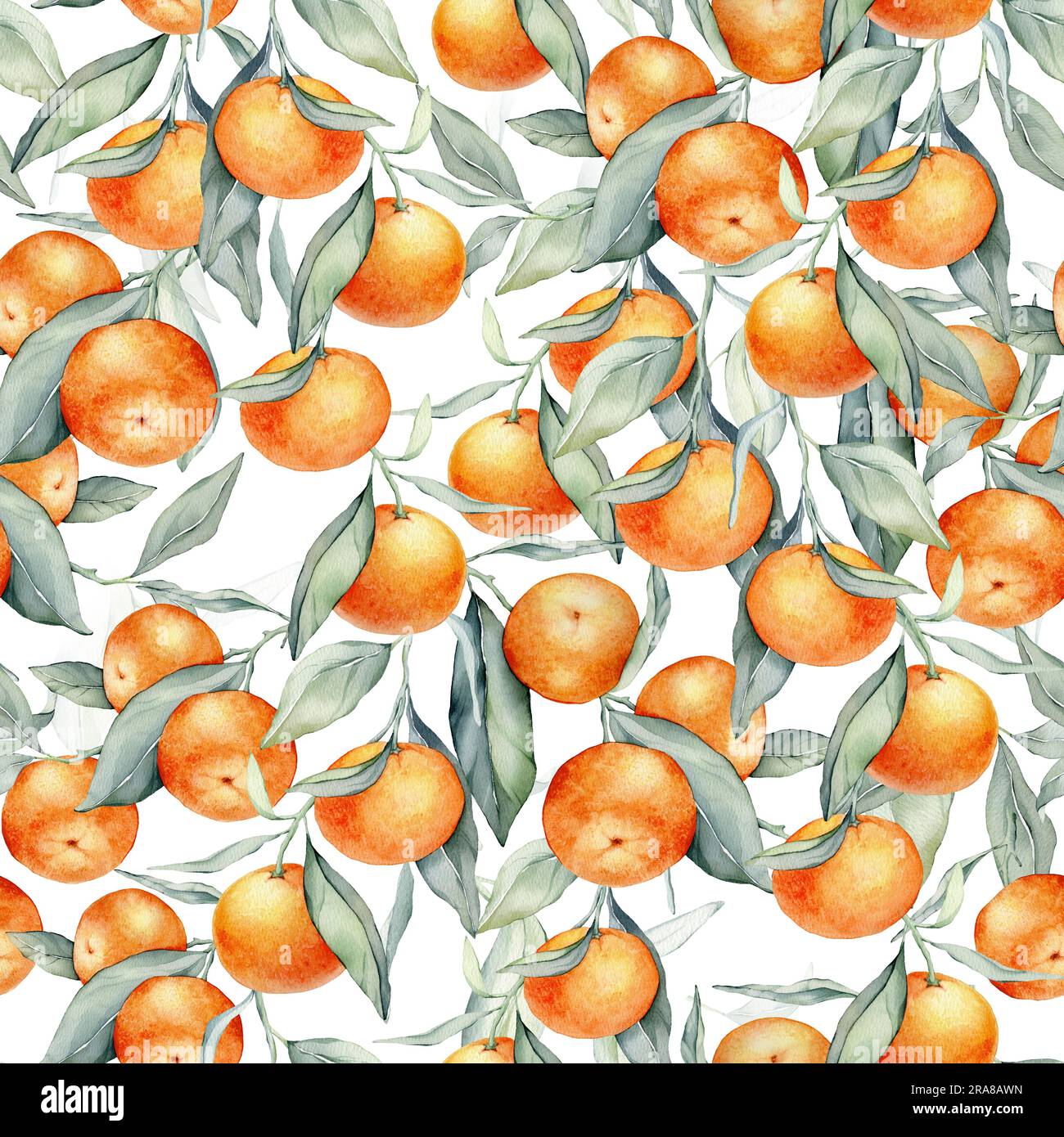 Seamless watercolour citrus fruits and leaves pattern. Green leaves and