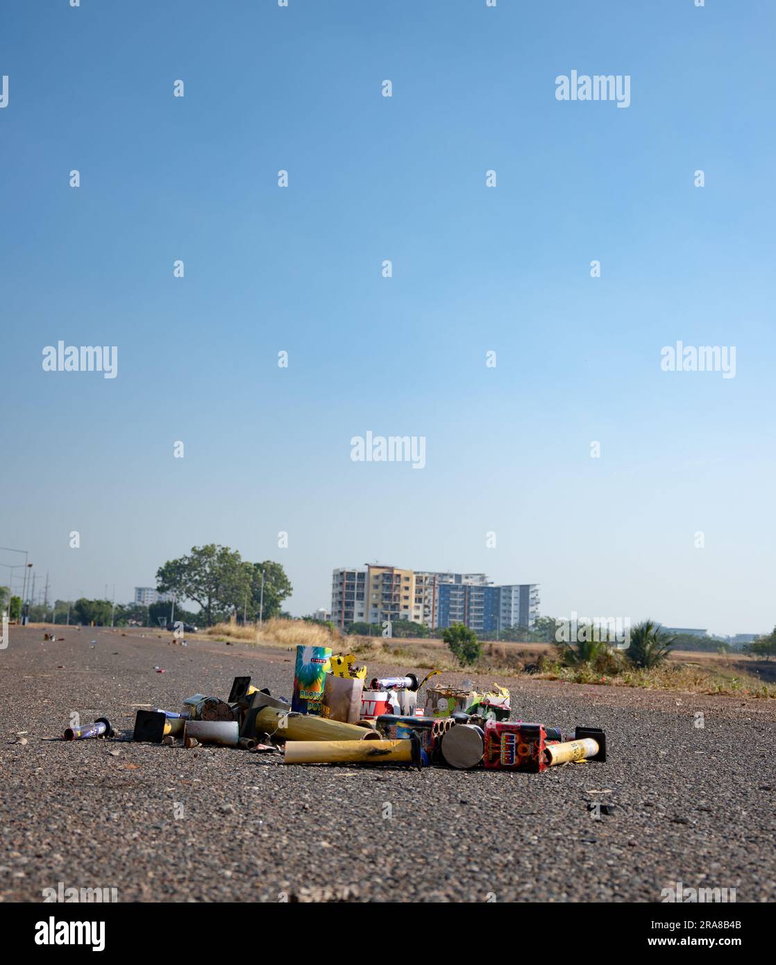 A closeup photograph of used firecrackers in Darwin city, taken on the morning after firecracker night celebrating Territory Day Stock Photo