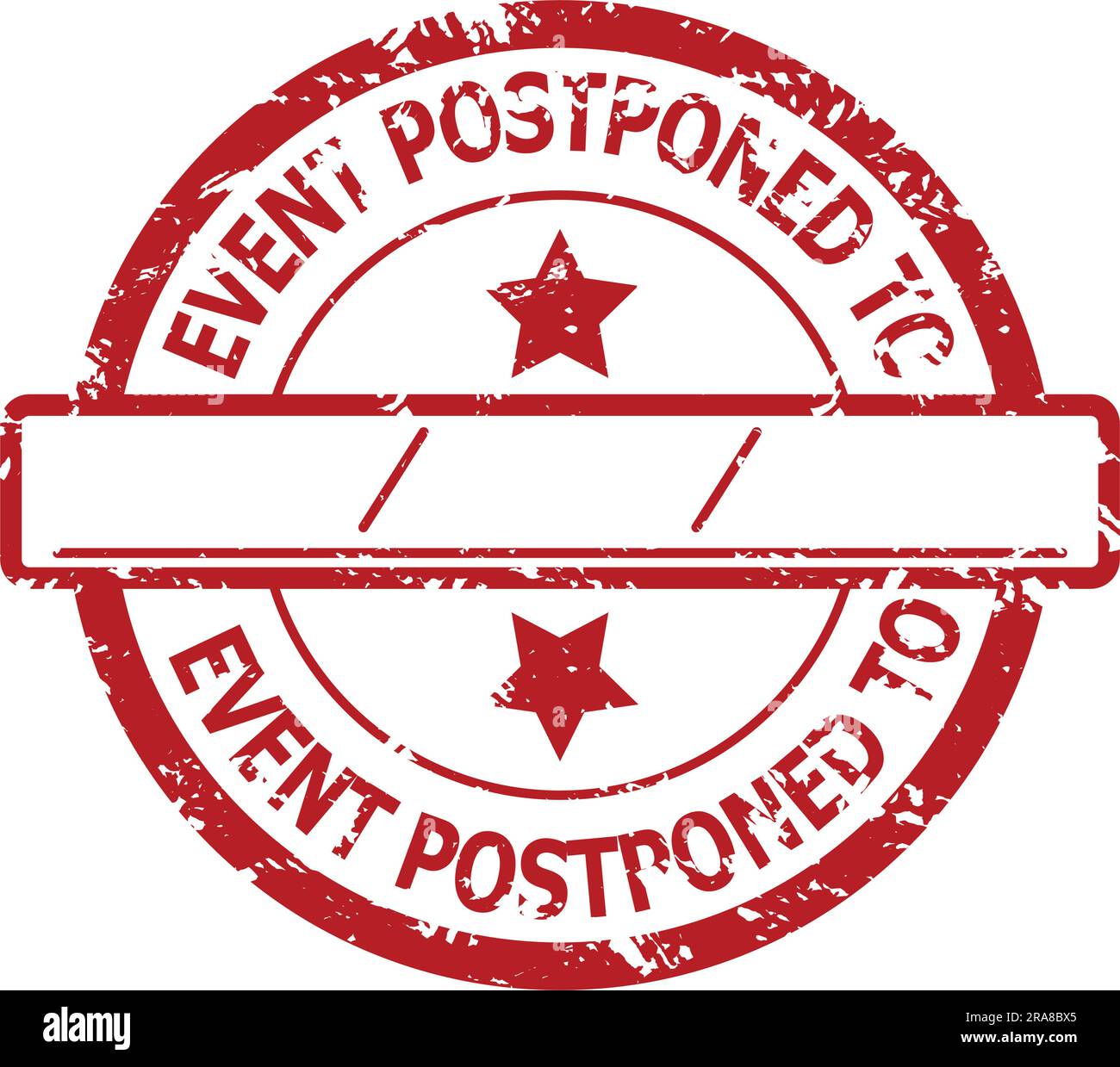 Event postponed to, rubber stamp for announcement cancelled event. Vector of postponement sticker, cancellation tag design, print postponing illustrat Stock Vector