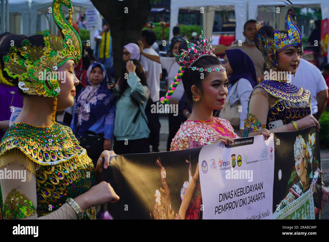 June 11, 2023 Peop wearing Indonesian traditional clothes at the Art carnival during Jakarta Car Free Day. Street Photography. Stock Photo