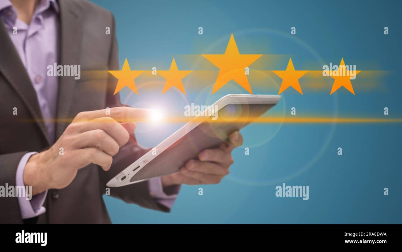 customers using smartphones There are five virtual stars with glowing