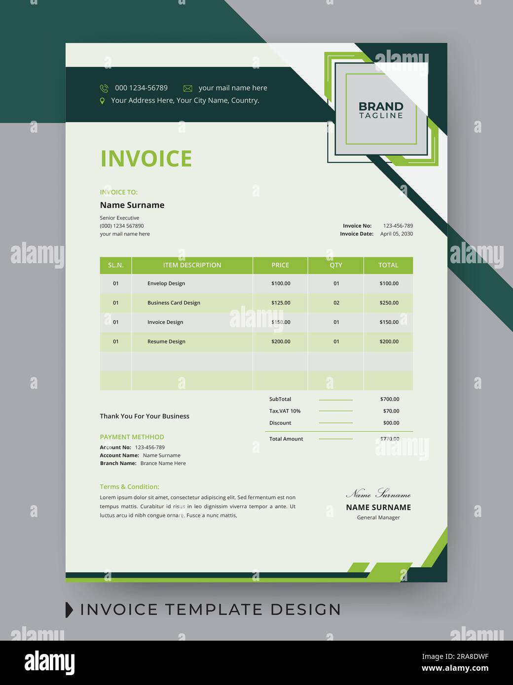 Creative and modern business invoice design with price receipt, payment agreement, invoice bill, accounting and bill receipt template layout in vector Stock Vector