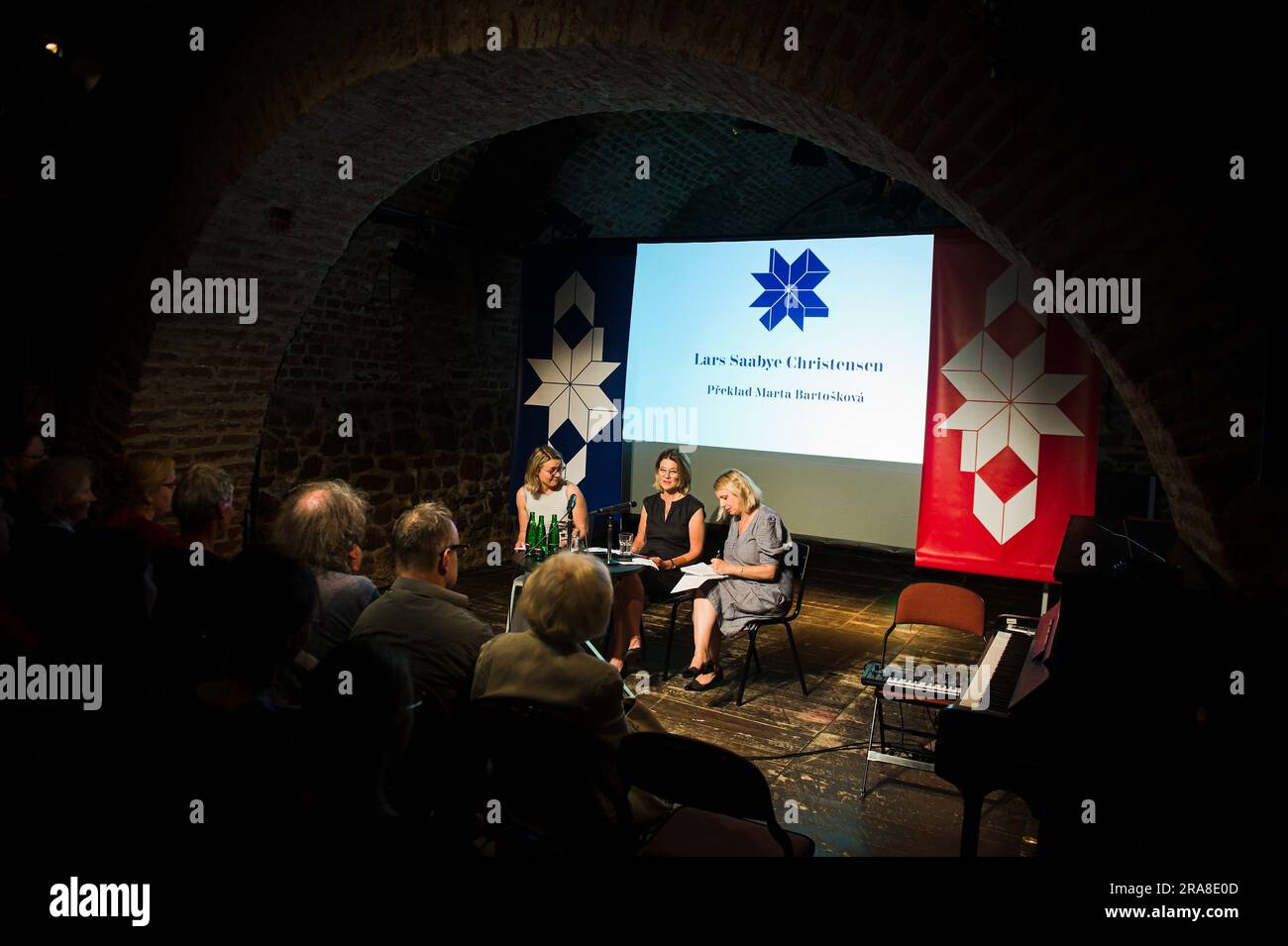 Brno, Czech Republic. 01st July, 2023. L-R theatrologist Karolina Stehlikova, Margit Walso, director of NORLA, an agency that takes care of Norwegian literature abroad, and translator Marta Bartoskova attend a debate at the opening evening of the Authors' Reading Month, on July 1, 2023, in Brno, Czech Republic. Credit: Patrik Uhlir/CTK Photo/Alamy Live News Stock Photo