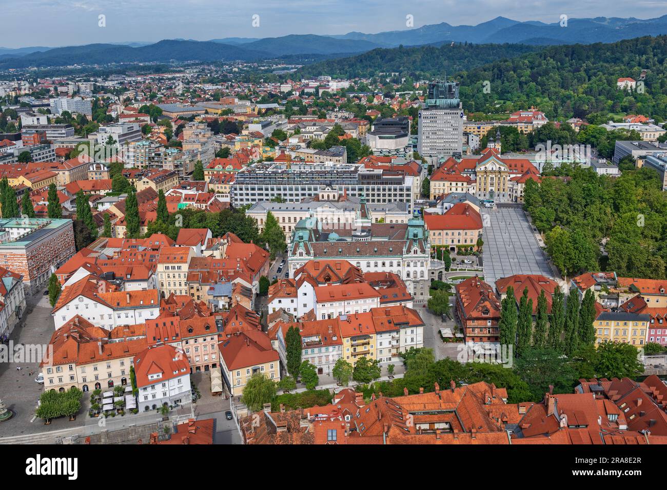 City of Ljubljana in Slovenia, cityscape with Congress Square and University of Ljubljana, view from above. Stock Photo