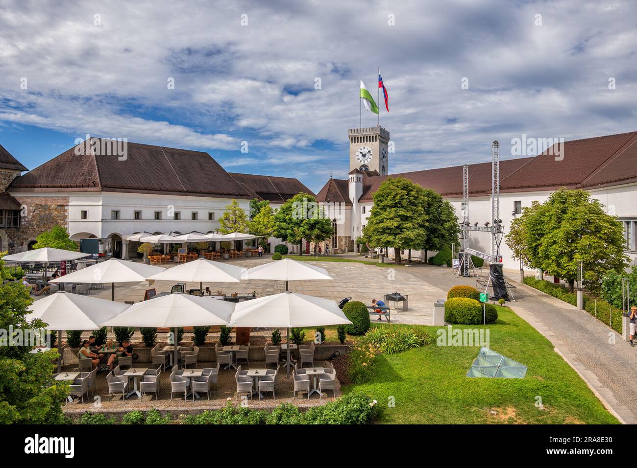 Ljubljana Castle courtyard with restaurant tables in city of Ljubljana, Slovenia. Stock Photo