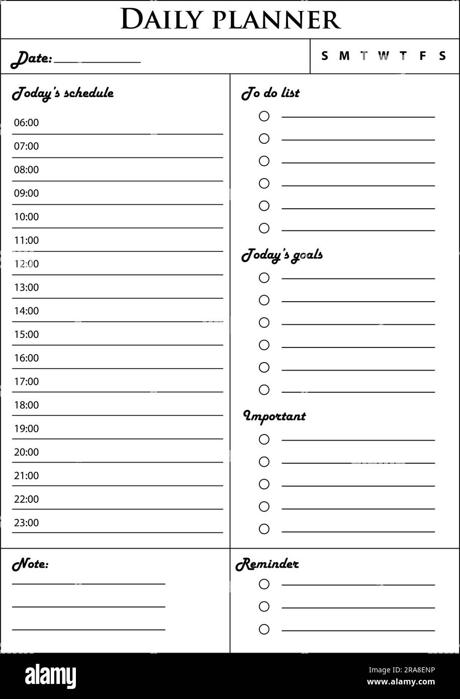 Daily planner. template. Clear and simple printable. Business organizer page. Paper sheet