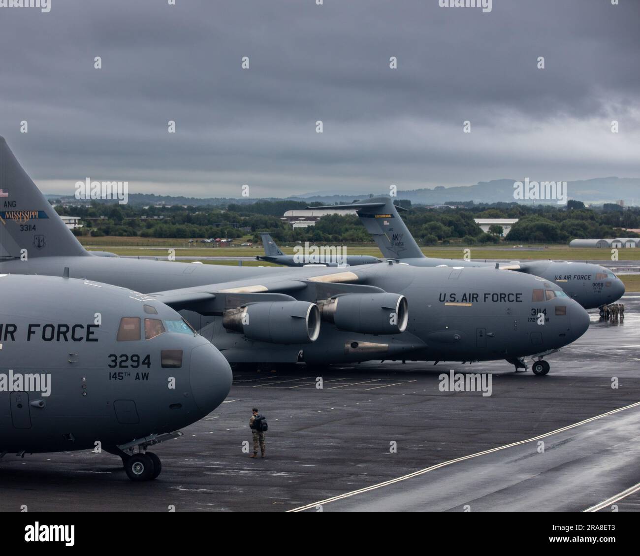 USAF C17 Globemaster IIIs at Prestwick International near Glasgow, operated by Air National Guard units 145th Air Wing and 172nd Air Wing. Stock Photo