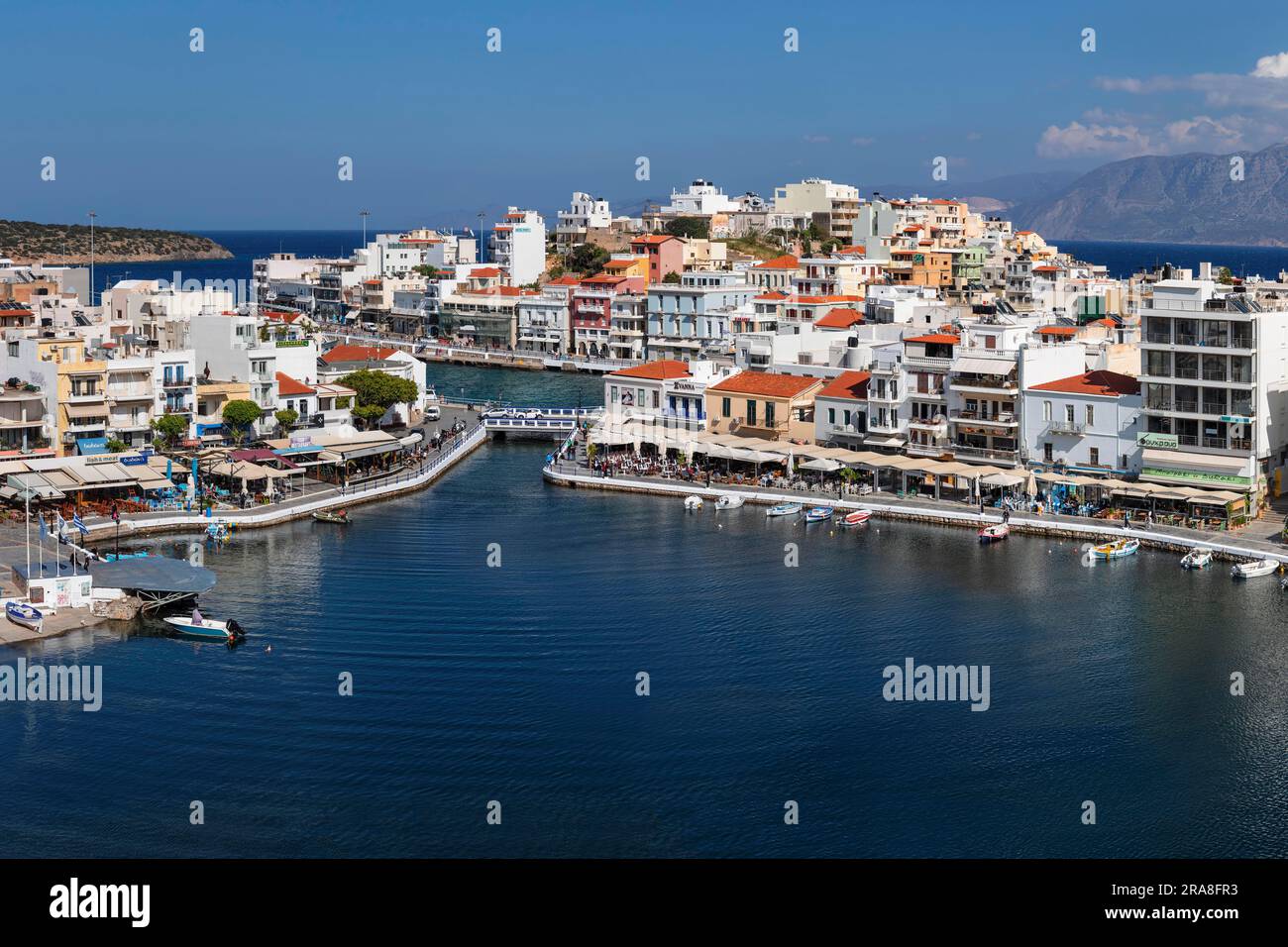 Harbour promenade at Lake Voulismeni, Agios Nikolaos, Crete, Greece, Agios Nikolaos, Crete, Greece Stock Photo