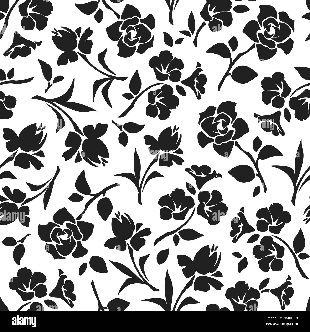 Seamless floral pattern with flowers. Vector black and white floral