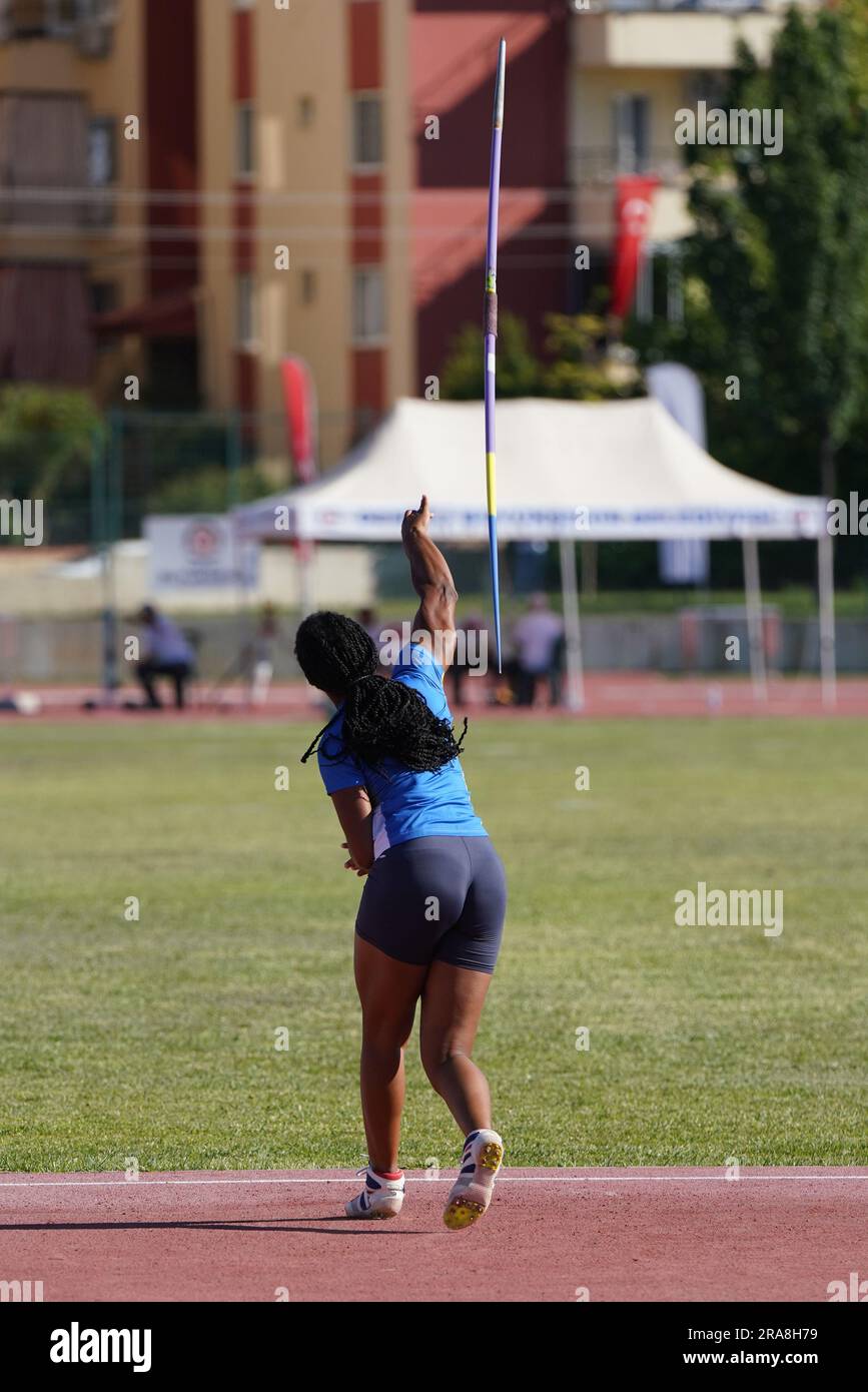 DENIZLI, TURKIYE JULY 16, 2022 Undefined athlete javelin throwing
