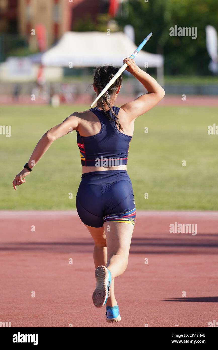 DENIZLI, TURKIYE JULY 16, 2022 Undefined athlete javelin throwing