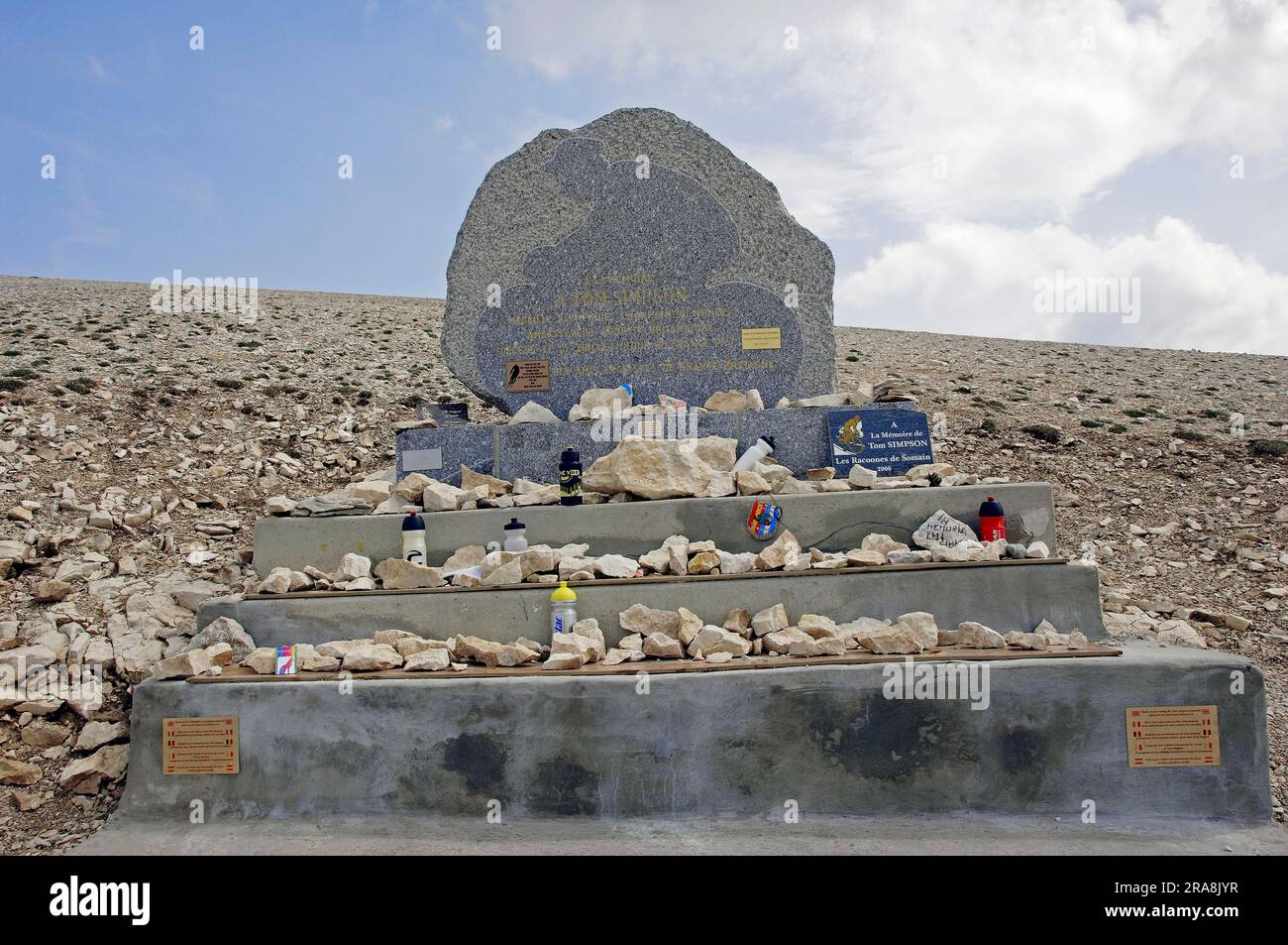 Monument to professional cyclist Tom Simpson on Mont Ventoux, Vaucluse, Provence-Alpes-Cote d'Azur, southern France, windy mountain, memorial Stock Photo
