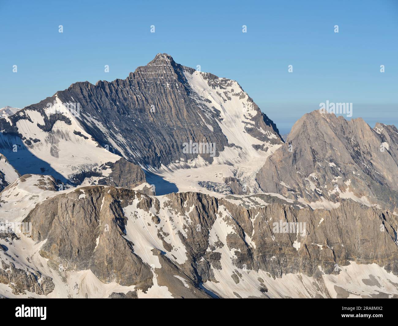 AERIAL VIEW. North-facing side of Mount Grande Casse (elevation: 3855m), this is the highest peak in the Vanoise Massif. Auvergne-Rhône-Alpes, France. Stock Photo