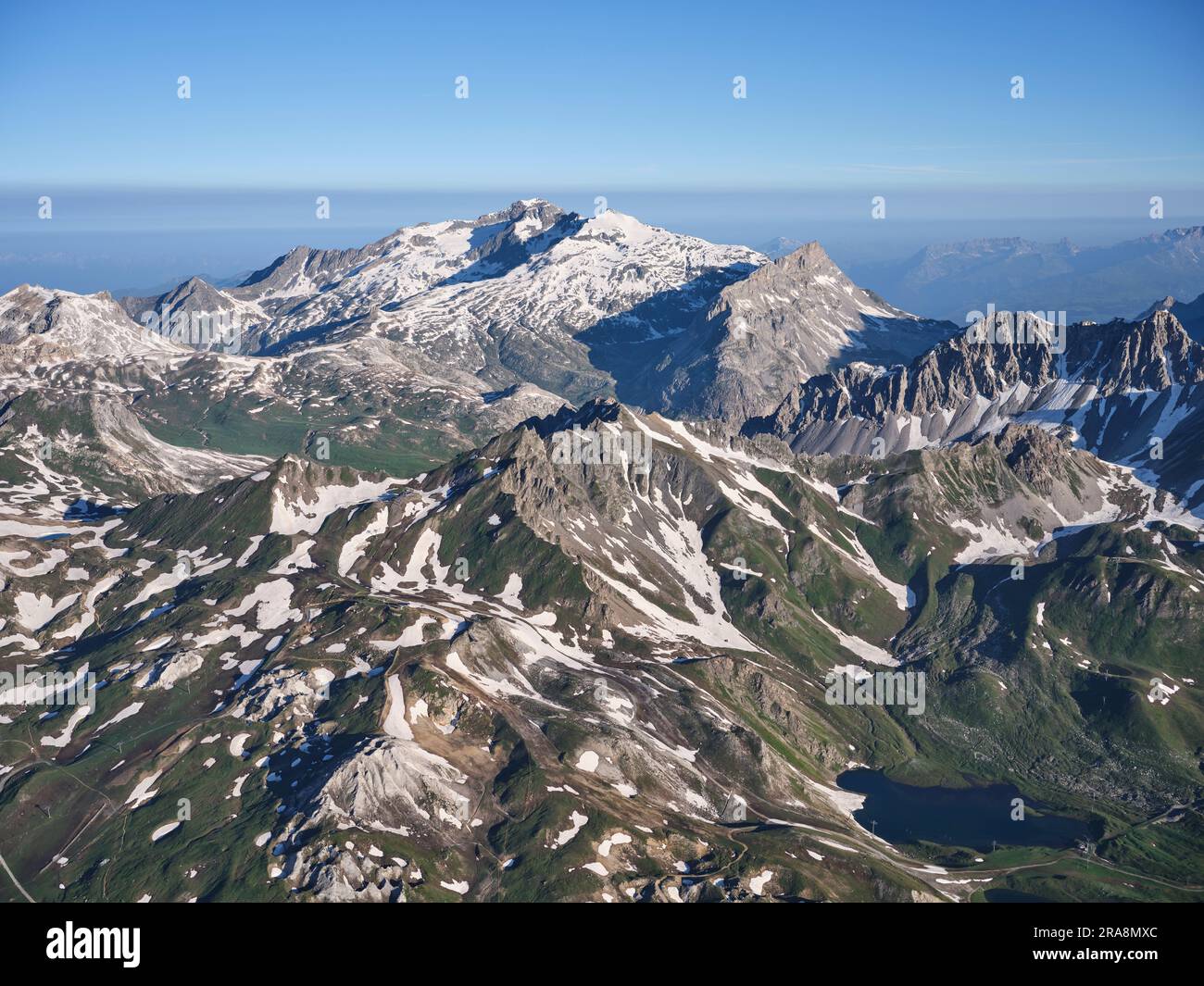 AERIAL VIEW. East-facing side of Sommet de Bellecôte (elevation: 3417m) in the Vanoise Massif. Peisey-Nancroix, Savoie, Auvergne-Rhône-Alpes, France. Stock Photo