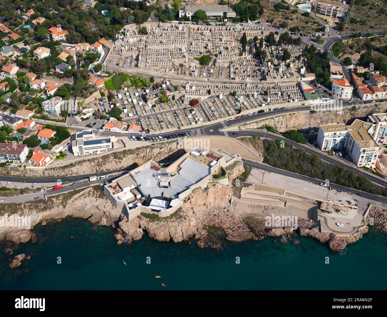 AERIAL VIEW. Cimetière Marin of Sète overlooking the Theater of the Sea and the Mediterranean Sea. Sète, Hérault, Occitanie, France. Stock Photo