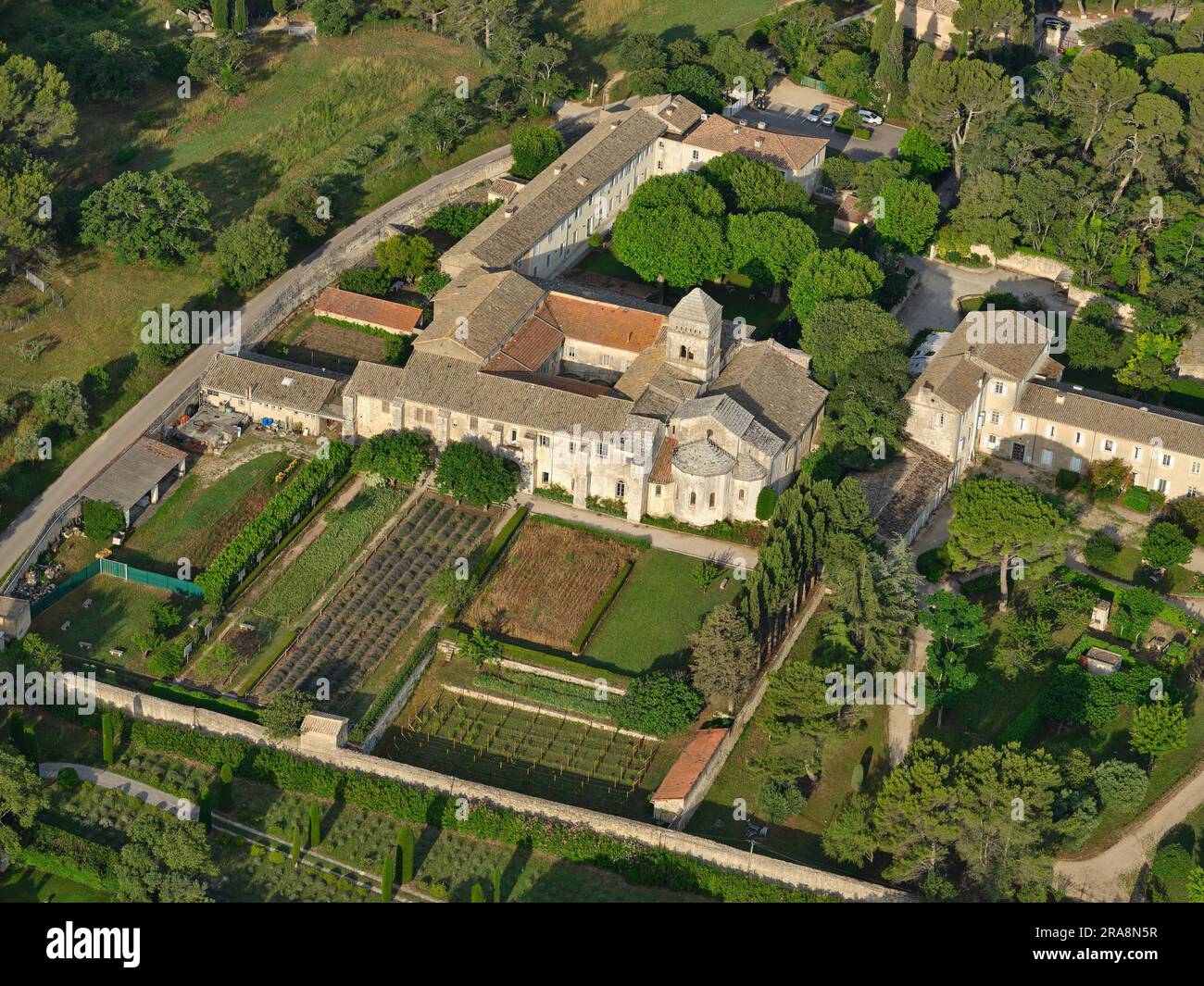 AERIAL VIEW. Monastery Saint-Paul de Mausole. Saint-Rémy-de-Provence, Bouches-du-Rhône, Provence-Alpes-Côte d'Azur, France. Stock Photo