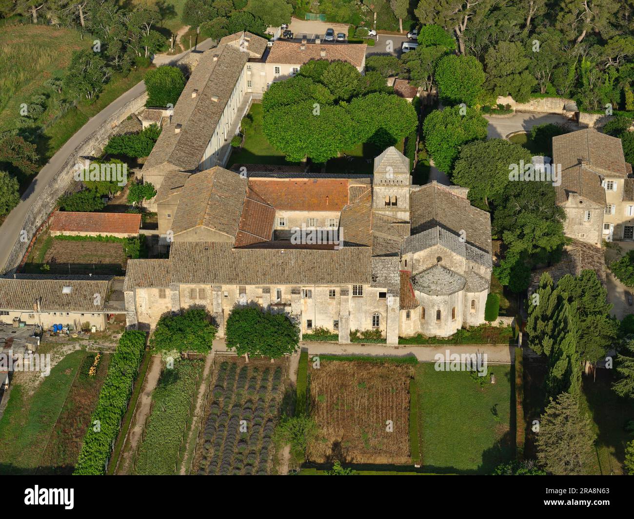 AERIAL VIEW. Monastery Saint-Paul de Mausole. Saint-Rémy-de-Provence, Bouches-du-Rhône, Provence-Alpes-Côte d'Azur, France. Stock Photo
