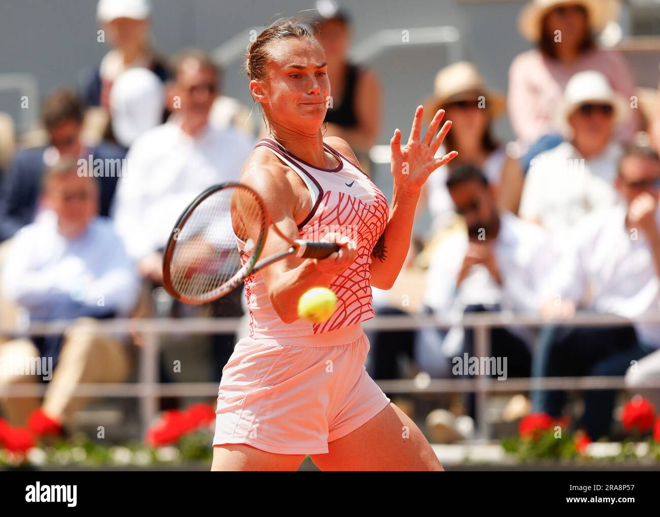 Tennis player Aryna Sabalenka playing a forehand during French Open