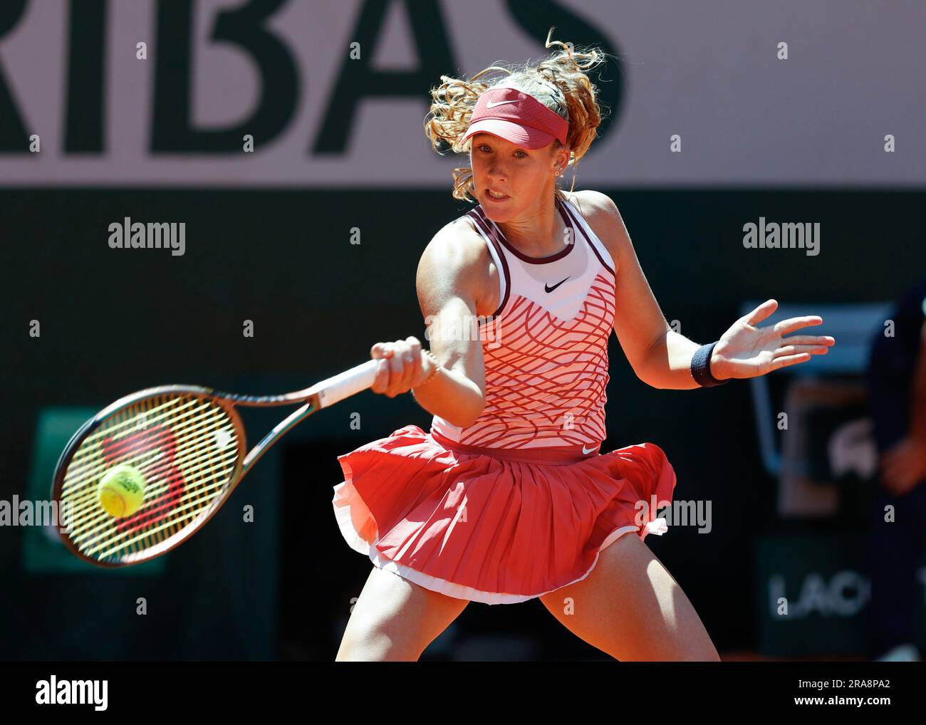 Tennis player Mirra Andreeva playing a forehand during French Open 2023