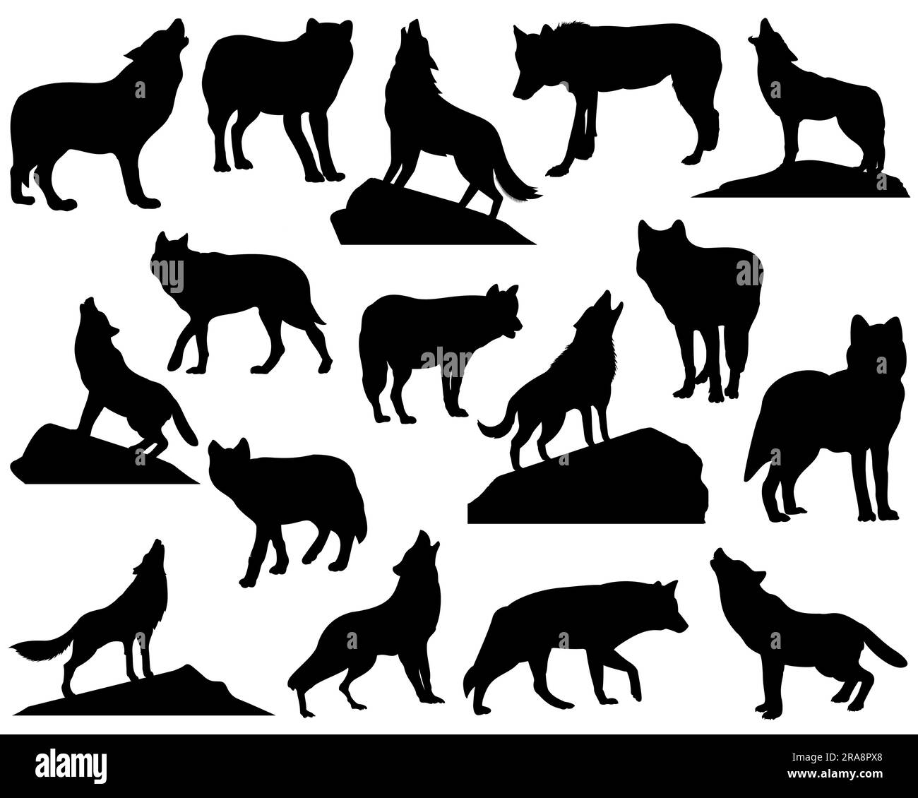 Set of Howling Wolf Silhouette Vector Art on White Background Stock Vector