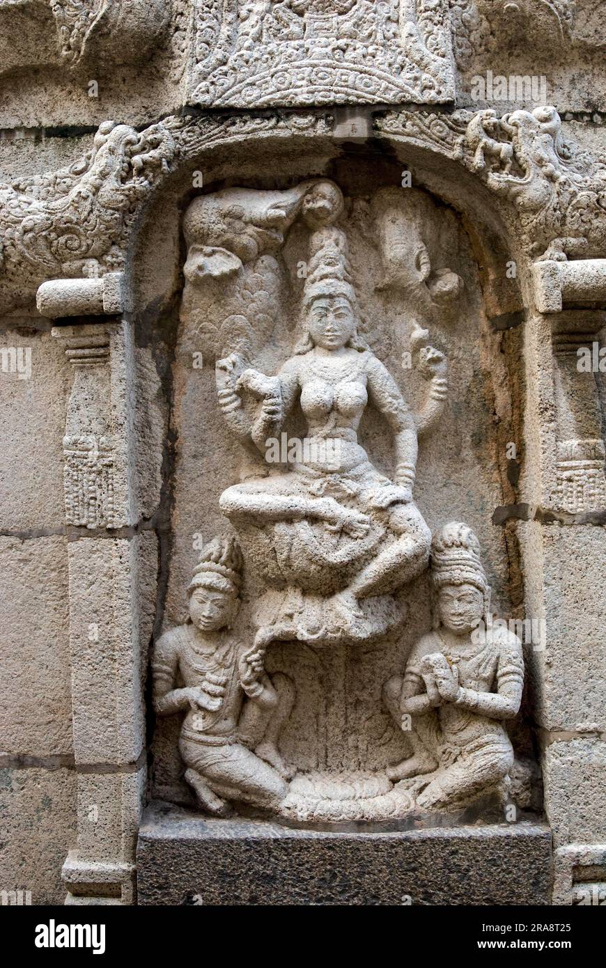 Goddess Saraswati wisdom and learning statue in Sundaravarada Perumal Vishnu temple in Uthiramerur near Kancheepuram, Tamil Nadu, South India, India Stock Photo