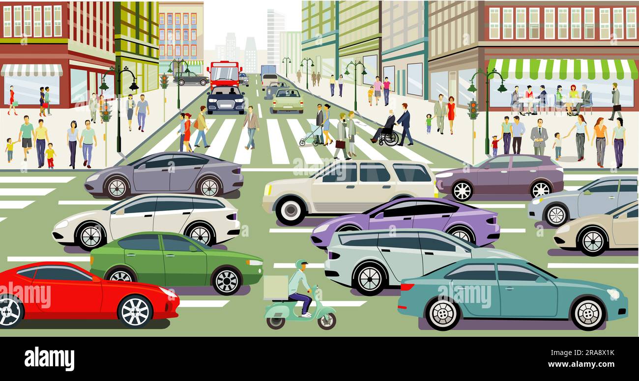 Urban silhouette of a big city with traffic and pedestrians ...
