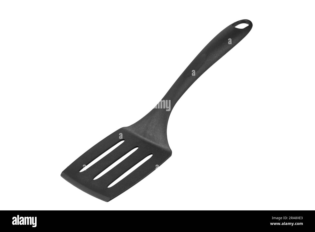 Black plastic cooking spatula isolated on white background. Kitchen