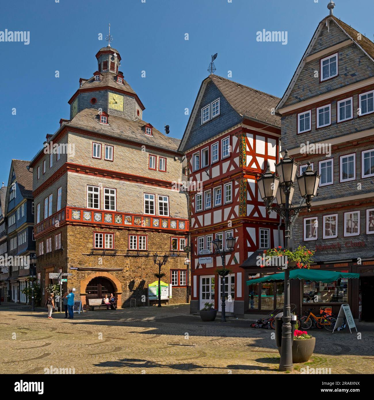 Town hall with half-timbered houses at Buttermarkt, historic old town, German Half-Timbered Houses Route, Herborn, Hesse, Germany Stock Photo