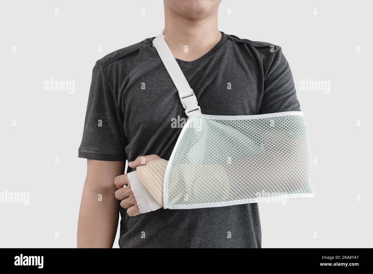 Young man with hand injured wearing splint, broken arm, isolated on white background Stock Photo