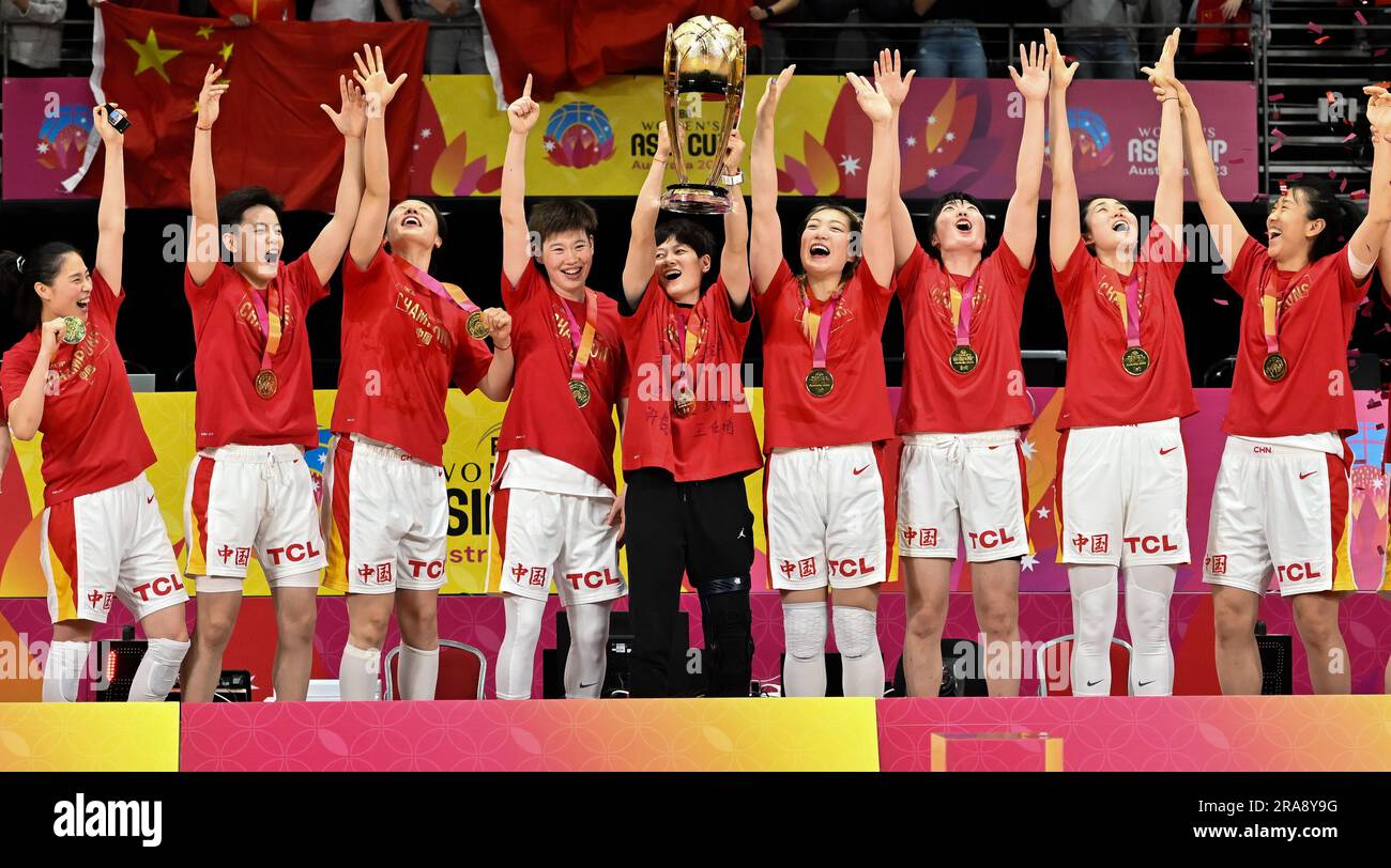 Team China celebrates with the FIBA Women's Asia Cup Trophy during the medal ceremony after the 2023 FIBA Women's Asia Cup Final match between China and Japan at Sydney Olympic Park Sports Centre on July 02, 2023 in Sydney, Australia. (Photo by Izhar Khan) # Editorial use only. Stock Photo