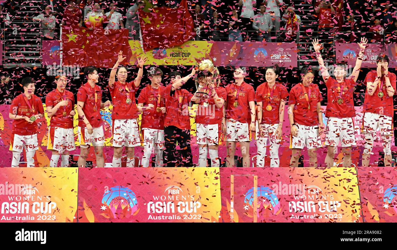 Team China celebrates with the FIBA Women's Asia Cup Trophy after the 2023 FIBA Women's Asia Cup Final match between China and Japan at Sydney Olympic Park Sports Centre on July 02, 2023 in Sydney, Australia. (Photo by Izhar Khan) # Editorial use only. Stock Photo