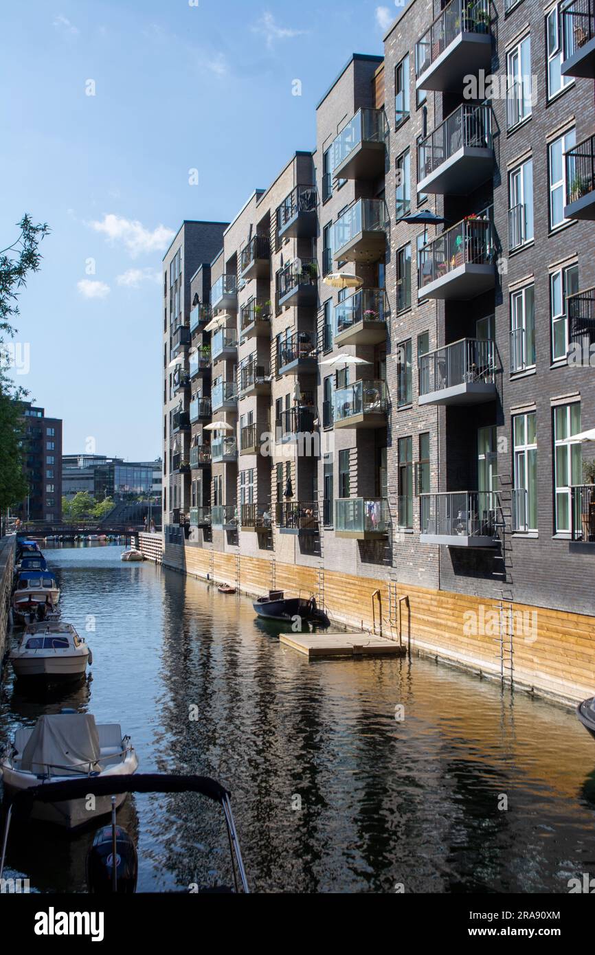 Modern housing estate in Copenhagen, Denmark. A new district Sluseholmen with beautiful eco