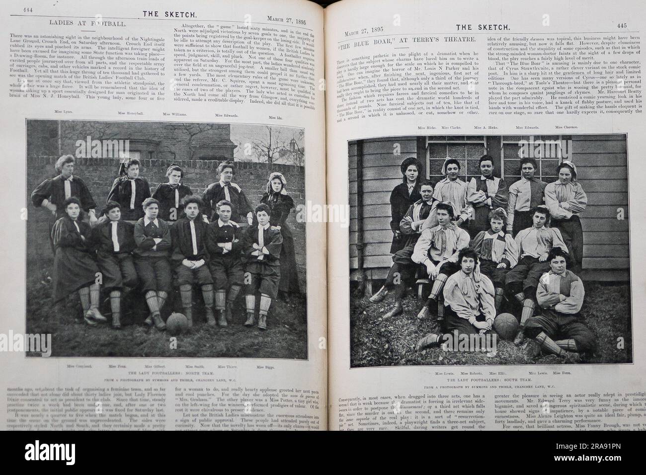 A magazine article from The Sketch on the women's North vs South football match played on March 27, 1895 - the first known organised women's football match to take place in London which drew a crowd of approximately 10,000 with the North team winning by seven goals to one - one of the millions of items held in the collection at the London Metropolitan Archives (LMA) in central London. With over 100km of books, maps, photographs, films and documents dating back to 1067 held in the strong rooms, the LMA is the principal local government archive repository for the Greater London area, including t Stock Photo