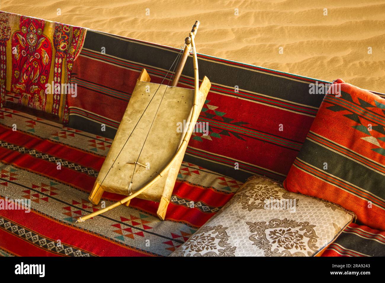 Handmade Rababa musical instrument in a bedouin tente in the desert Wadi Rum Stock Photo