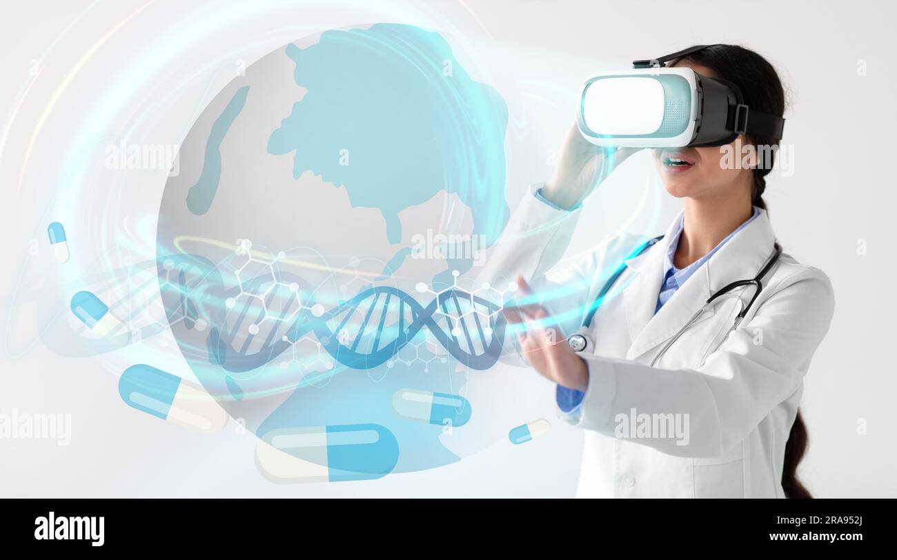 Medical geneticist exploring 3D DNA model, using VR glasses Stock Photo
