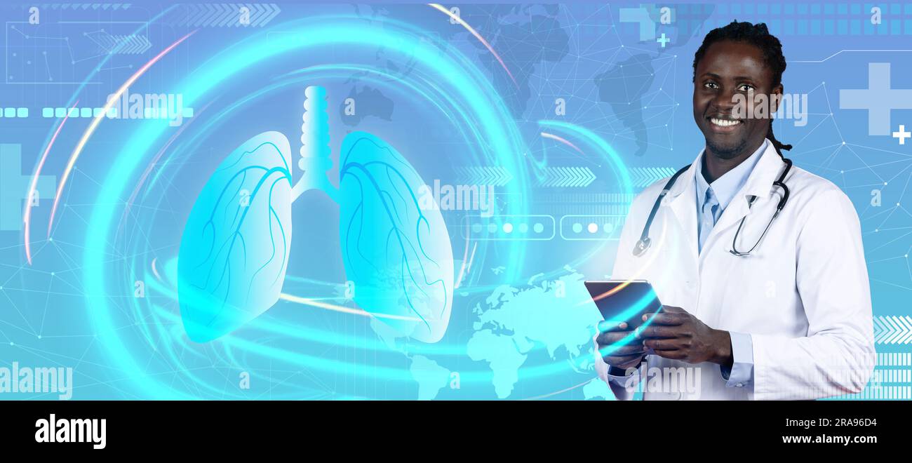 Cheerful young black man doctor, examining human lungs, collage Stock Photo