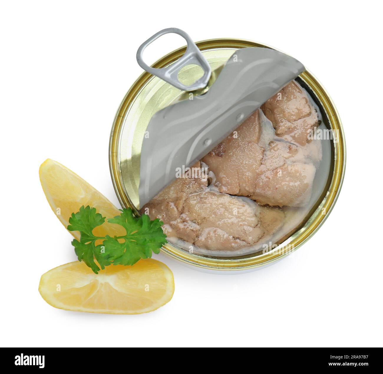 Cod Fish Can Tin can of tasty cod liver, lemon slices and parsley on white ...