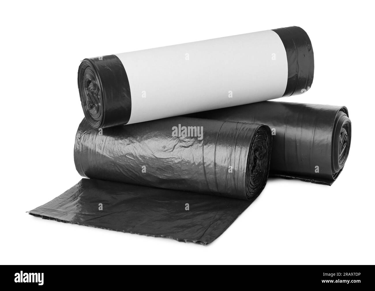 Rolls of black garbage bags isolated on white Stock Photo Alamy