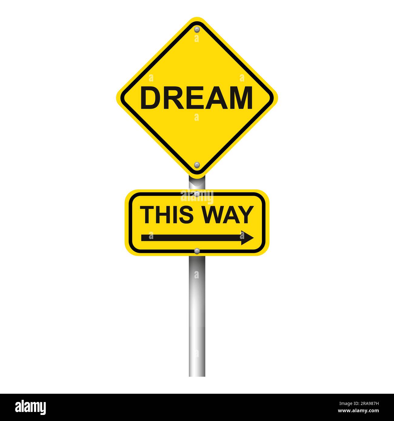 Yellow road signpost with words Dream, This way and arrow on white