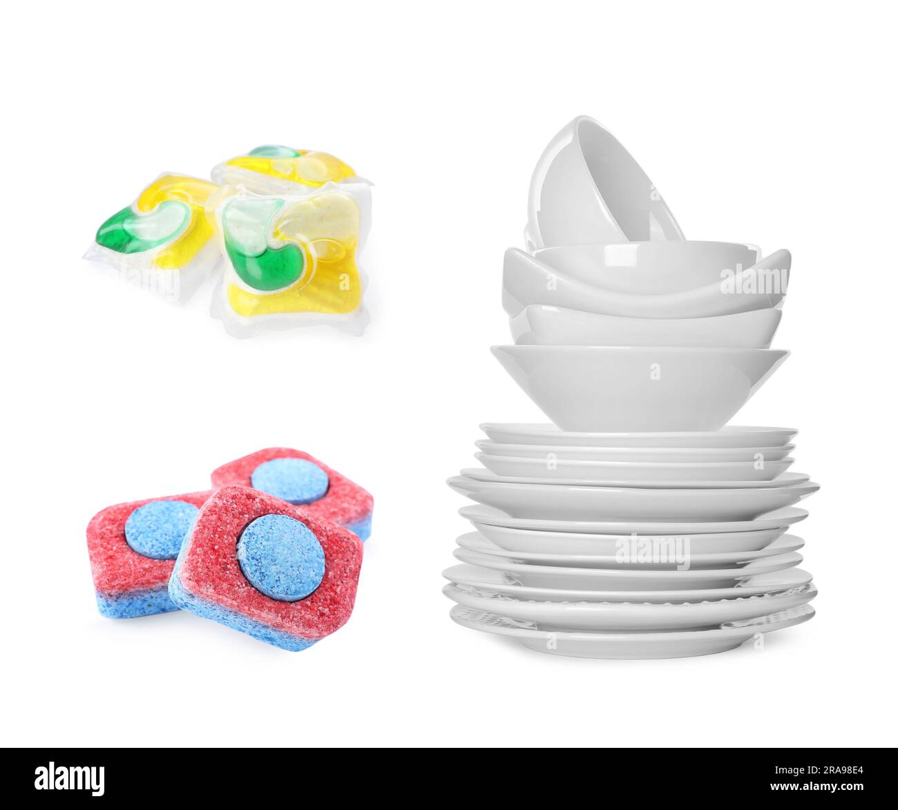 Different dishwasher detergents and stack of clean tableware isolated