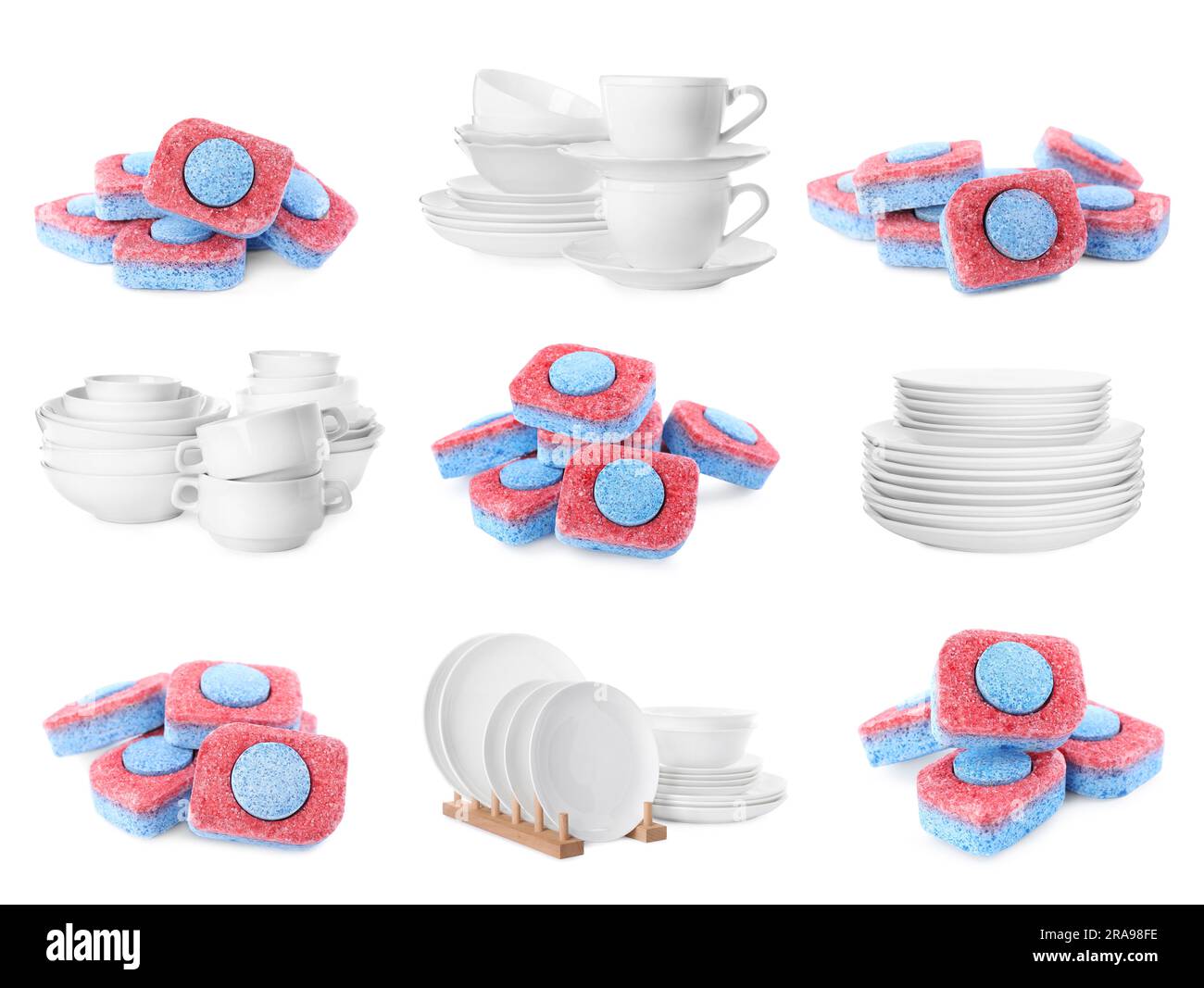 Collage with dishwasher tablets and clean tableware isolated on white