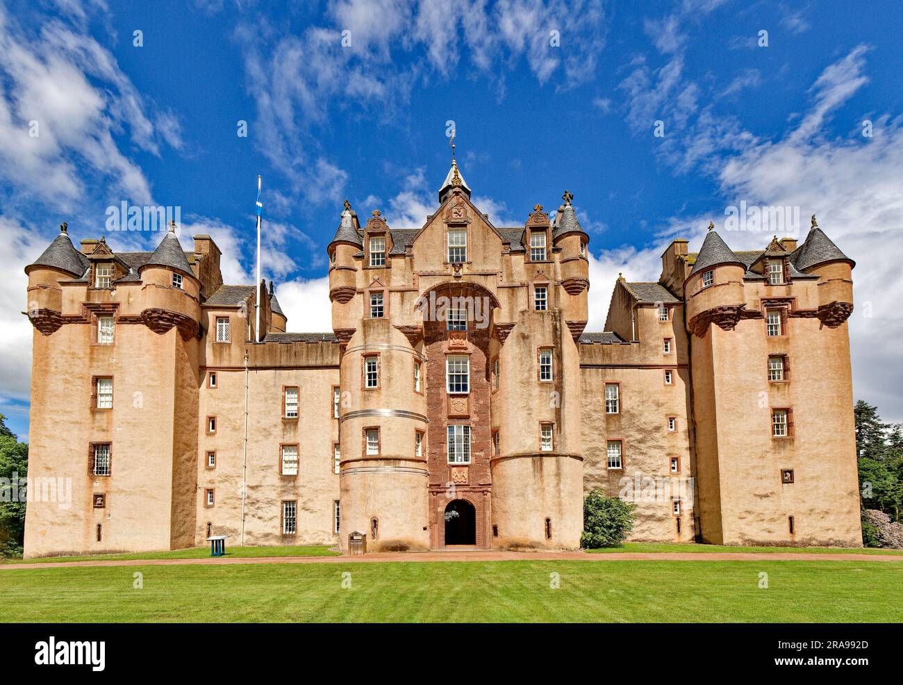 Fyvie Castle Fyvie Aberdeenshire Scotland early summer south view of building with central Seton Tower flanked by Meldrum and Preston Towers Stock Photo