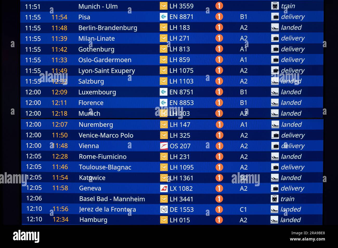 Frankfurt Airport, display boards for arrived flights Stock Photo