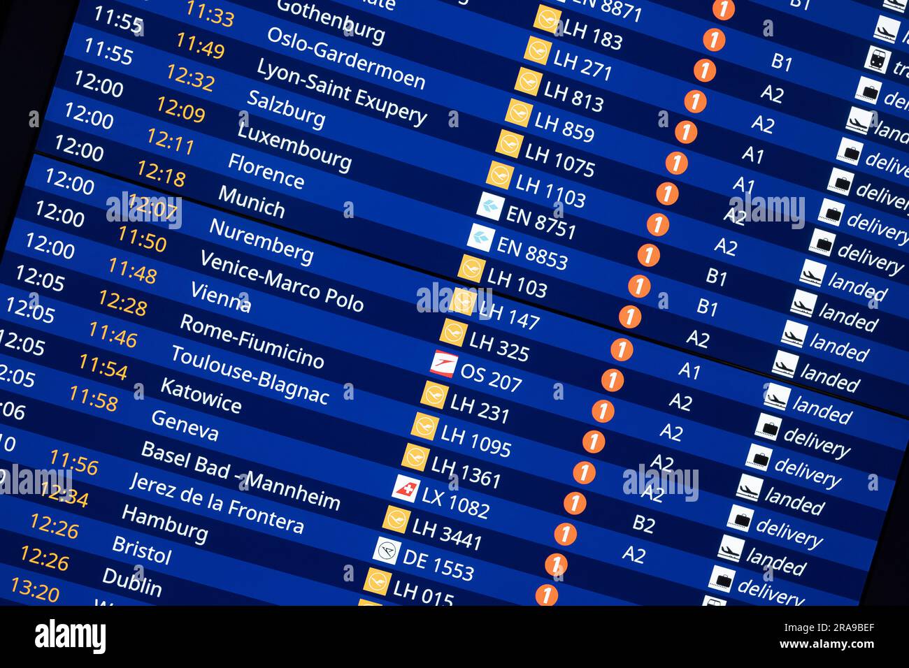 Frankfurt Airport, display boards for arrived flights Stock Photo